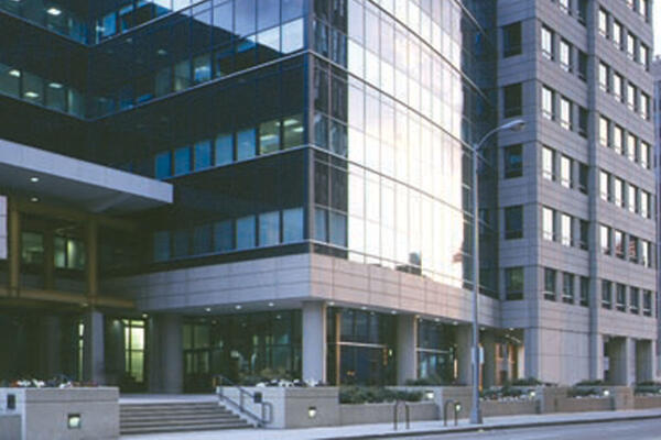 Industrial Construction - USPS Chicago Distribution Center exterior entrance facade with curtainwall