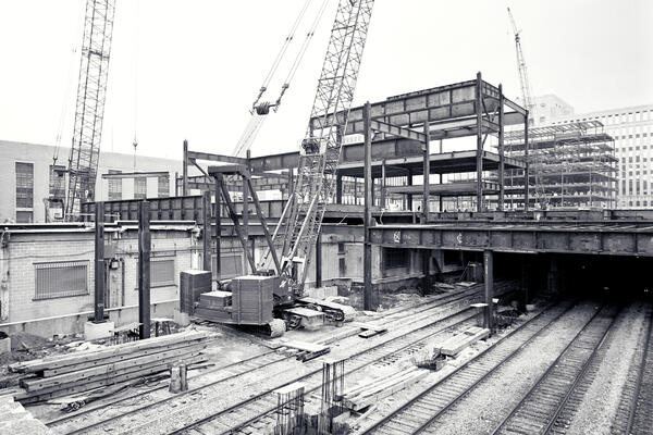 Industrial Construction - USPS Chicago Distribution Center work in progress steel beams and train tracks