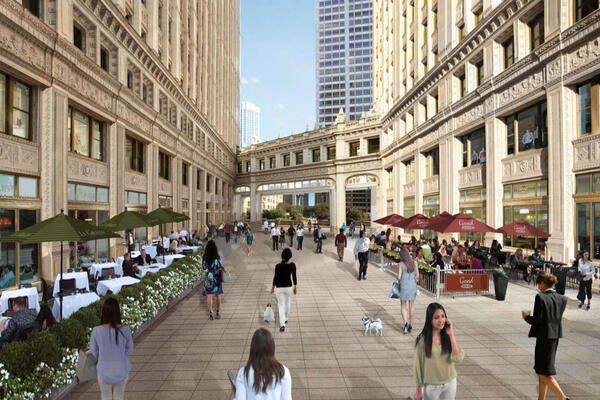 Historic Office Construction & Renovation - Wrigley Building rendering of plaza with tables