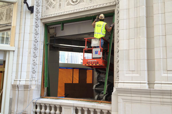 Historic Office Construction & Renovation - Wrigley Building work in progress on historic window facade