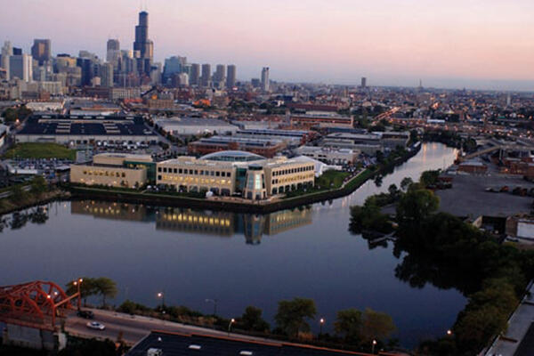 Research Lab Construction - Wrigley Global Innovation aerial view with skyline